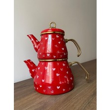 PremiumPort Kırmızı Kalpli Emaye Çaydanlık Seti, Retro Tarz Şık ve Dayanıklı