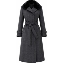 Esin Giyim Kürk Yakalı Kruvaze Kaşe Ara Boy Kaban - Old Money Tarz