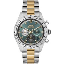 Slazenger Erkek Kol Saati 43 mm Yeşil Kadran Gold Gümüş Metal Kordon 5 Atm