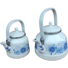 PremiumPort Mavi Çiçekli Vintage Emaye Çaydanlık Takımı, Şık ve Zarif Tasarım