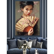 Karizma Tablo Yelpazeli Japon Kadın Portresi Dekoratif Kanvas - Mdf Ahşap Tablo