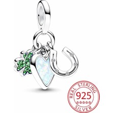Poseidons Jewellery S925 Dört Yapraklı Yonca Kalp ve At Nalı Üçlü Sallantılı Charm
