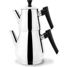 PremiumPort Şık Siyah Piramit Çelik Çaydanlık Takımı Aile Boyu Bakalit Kulp