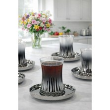 UltraMint Şık 6’lı Gümüş Cam Çay Seti, Bardak ve Tabak Takımı, Bulaşık Makinesinde Güvenle Kullanılır