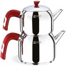 PremiumPort Mini Çelik Çaydanlık Takımı, Kırmızı Kuplu, 4 Parça, Şık ve Dayanıklı