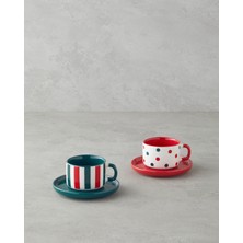 UltraMint Kahve Fincan Takımı, 2 Kişilik, Bone China, 90 Ml, Kırmızı-Yeşil