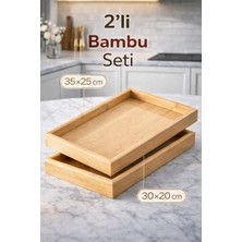2,li Doğal Ahşap Sunum Tepsisi Şık Dekoratif Servis Tasarımı [35X25-30X20 cm ]
