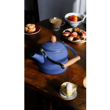 PremiumPort Vintage Mavi Ahşap Saplı Çaydanlık, 2.5 Litre, Emaye Demlik