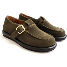 Ne&Ve Shoes Haki Süet Hakiki Deri Tokalı ve Lastikli Kadın Casual Ayakkabı