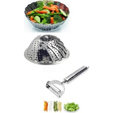 PremiumPort Paslanmaz Çelik Jülyen Soyacak ve Katlanabilir Sebze Haşlama Seti