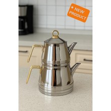 PremiumPort Şık Altın Renk Aile Boy Çaydanlık Takımı 4 Parça, 18/10 Paslanmaz Çelik