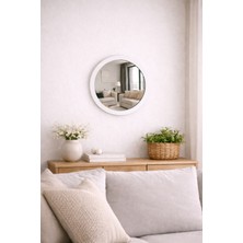 Digital Hayat 36 CM Doğal Beyaz Ahşap Çerçeveli Yuvarlak Ayna - Antre Hol Banyo Mutfak Salon Wc Aynası