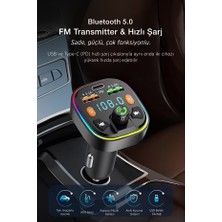 Kensa Bluetooth Araç Çakmaklık Fm Transmitter Işıklı | Mp3 Çalar | Type-C Hızlı Şarj | Araç Şarj Cihazı