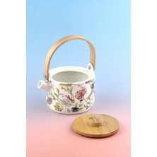 PremiumPort Bambu Kapaklı Mini Porselen Demlik, Şık ve Zarif Çay Demleme Seti