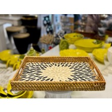 Sever Antrasit Krem Çiçek Rattan Sedefli Tepsi 23X32X3CM