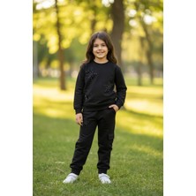 Kız Çocuk Siyah Yıldız Desenli Taş Işlemeli Eşofman Takımı- Pamuklu Iki Iplik Şardonlu