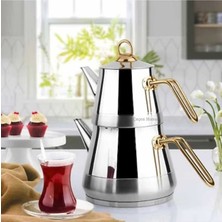 PremiumPort Küçük Boy Çelik Çaydanlık Takımı, Altın Metal Kulp, Kendinden Süzgeçli