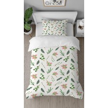 Greendecor Yaprak Sade Beyaz Yeşil Desenli Baskılı Özel Tasarım Çarşafsız Tek Kişilik Tarz Şık Nevresim Takımı