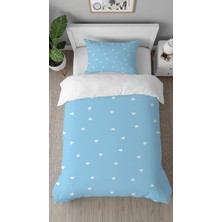 Greendecor Kalp Aşk Sevgi Mavi Beyaz Desenli Baskılı Özel Tasarımlı Çarşafsız Tek Kişilik Şık Nevresim Takımı