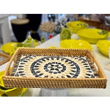Sever Siyah Beyaz Geometrik Rattan Sedefli Tepsi 26X36X5CM