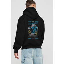 Ankhises Motosiklet Serisi 11 Arka Baskılı Siyah Oversize Kapüşonlu Sweatshirt Erkek Kadın