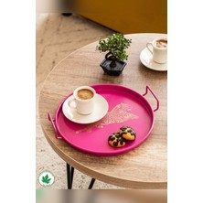 UltraMint 24 cm Yuvarlak Metal Çay ve Sunum Tepsisi, Kulplu, Kaplan Baskılı