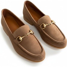 Ne&Ve Shoes Süet Hakiki Deri Gold Zincir Aksesuarlı Kadın Loafer Ayakkabı