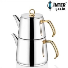 PremiumPort Şık Çelik Çaydanlık Takımı, Aile Boyu Gold Renk, Dayanıklı ve Zarif Tasarım