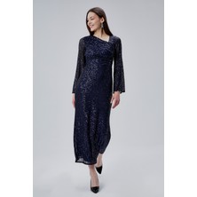 Asees Asimetrik Yaka Korsajlı Uzun Kollu Payet Abiye Elbise