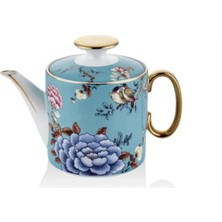 PremiumPort Mavi Çiçek Desenli Porselen Demlik ve Çaydanlık Seti