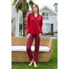 Remsa Kadın Ekose Desenli Önü Düğmeli Yumuşak Milan Kumaş Pijama Takımı 250352 Kırmızı