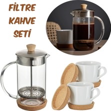 PremiumPort Filtre Kahve Seti: French Press, 2 Kupa ve Mantar Altlık ile Keyifli Anlar