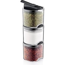 Storemax Favori 3'lü Lüks Baharatlık Seti - Kaşıklı ve Özel Standlı Tezgah Üstü Tuzluk, Karabiberlik ve Baharat Seti | Şeffaf ve Şık Tasarım (26CM x 9cm x 8 Cm)