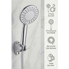 Plodna House 5 Fonksiyonlu Büyük Boy Krom Duş Başlığı 150 cm Pvc Dayanıklı Hortumlu Mafsallı Duş Seti