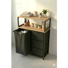 Miyuhome 3 Çekmeceli Metal Kızaklı Çamaşır Sepeti 40 Lt Kirli Sepeti 2 Raflı Banyo Dolabı Kirli Sepeti