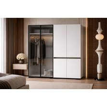 VM VERTEX MOBİLYA Floransa Alüminyum Cam Kapak-Düz Kapak  4 Kapılı Beyaz Antrasit Çok Raflı Gardır