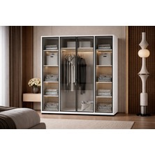 VM VERTEX MOBİLYA Floransa Alüminyum Cam Kapak 4 Kapılı Beyaz-Antrasit Çok Raflı Gardırop