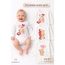 Babyden's 3’lü Bebek Body Seti %100 Pamuk Uzun Kollu Sevgili Temalı Ayıcık Baskılı Yenidoğan,bebek Body