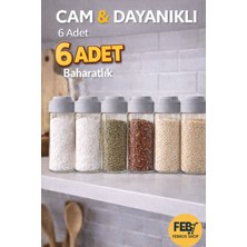 Febros Baharatlık 6 Adet Cam Dayanıklı Tuz Pulbiber Kekik Susam Baharatlığı