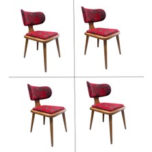 Moni Tasarım Luvia Merlot 4 Lü Set Yemek Sandalyesi- Ahşap Sandalye Bordo Desenli Kumaş Özel Seri Ceviz Cilalı Ahşap Ayakları