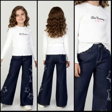 Dmb Kız Çocuk Yıldız Detaylı Geniş Paça Wide Leg Jean Kot Pantolon