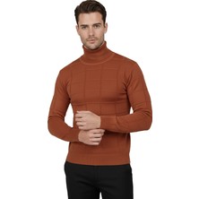 DeepSEA Erkek Kiremit Rengi Kare Desenli Balıkçı Yaka Slim Fit Boğazlı Triko Kazak 2505493