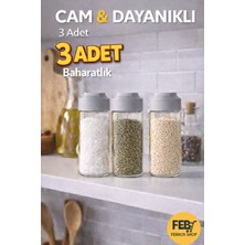 Febros Baharatlık 3 Adet Cam Dayanıklı Tuz Pulbiber Kekik Susam Baharatlığı