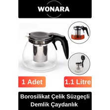 PremiumPort Modern Isıya Dayanıklı Borosilikat Çaydanlık, Çelik Süzgeçli 1.1 Lt
