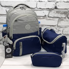 Ilk Okul Çantası 3'lü Seti Unisex Çocuk Ilkokul Çantası BVT-8010 Gri-Lacivert