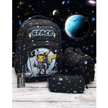 MegiHero  Erkek Çocuk Ilk Okul Çantası 3'lü Set Ilkokul Çantası Siyah Karakter Desenli Takım