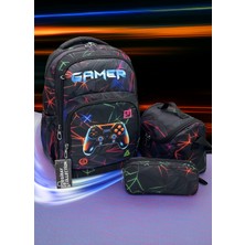 MegiHero  Erkek Çocuk Ilk Okul Çantası 3'lü Set Ilkokul Çantası Siyah Karakter Desenli Gamer