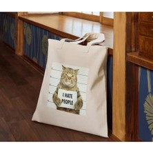 Storemax I Hate People Bez Çanta Kedi Baskılı Komik Yazılı Ham Bez Çanta