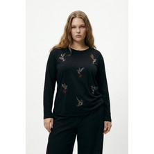 Şuranur Taş Desenli Uzun Kollu Bambu Viskon Kumaş Bluz