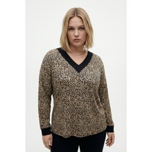 Şuranur Çıtır Leopar Desenli V-Yaka Bluz – Siyah Biyeli, Rahat Kesim